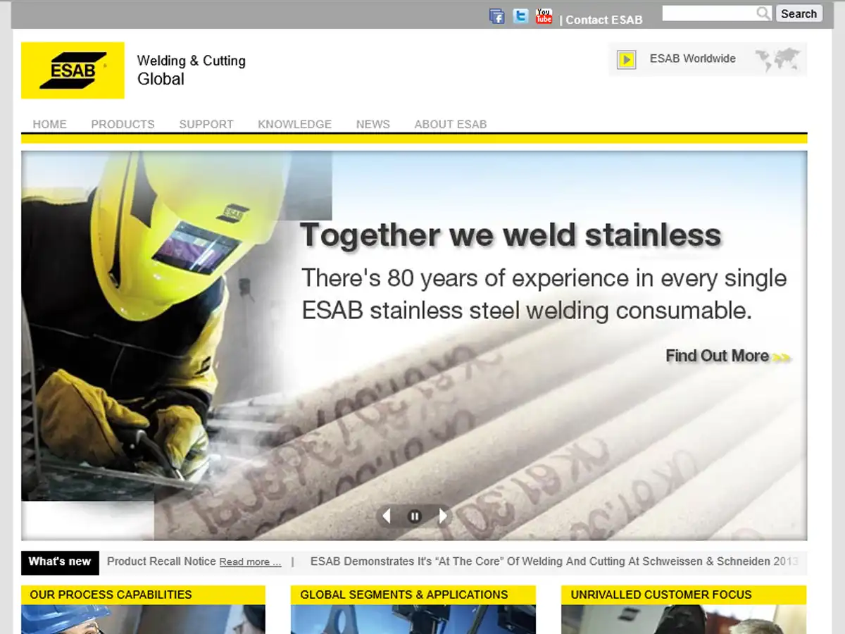 The original ESAB website design, built on CommonSpot CMS, showing a dated and non-responsive layout.