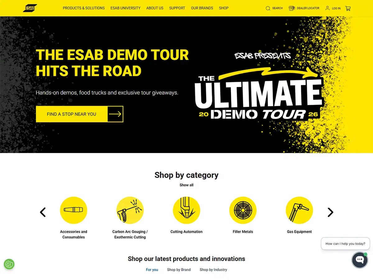 The new ESAB website design, showing a clean, modern, and responsive layout.